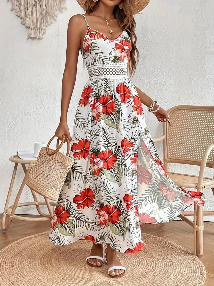 Side view of the Colette floral midi dress in blue, highlighting the relaxed drape and flattering fit