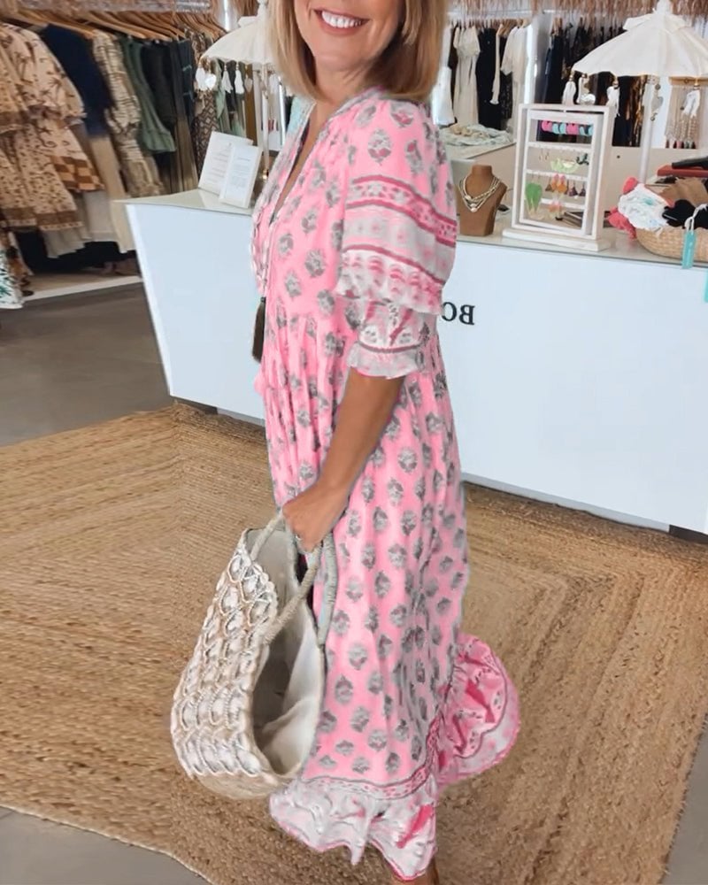 Three color options of the Cordelia floral dress — blue, green, and pink