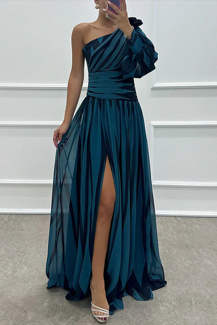 Model styling the Cordelia one-shoulder asymmetric maxi dress for a wedding guest look