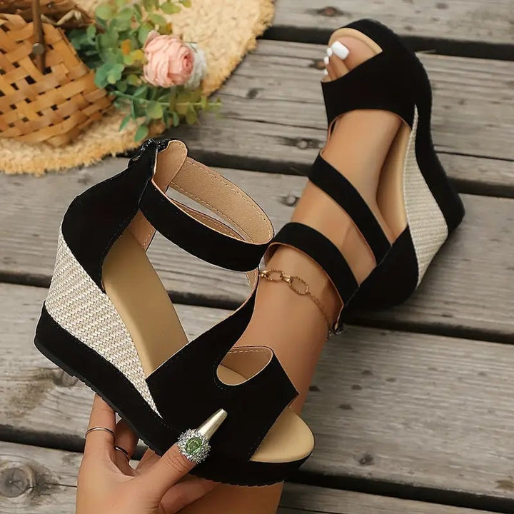 Side view of Dahlia black platform wedge sandals showing wedge heel height and open toe design