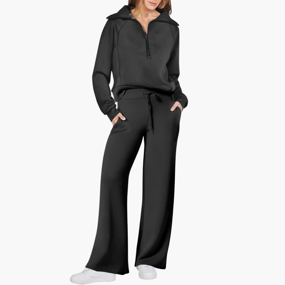 Women's half zip wide leg lounge set in pink showing side pocket detail
