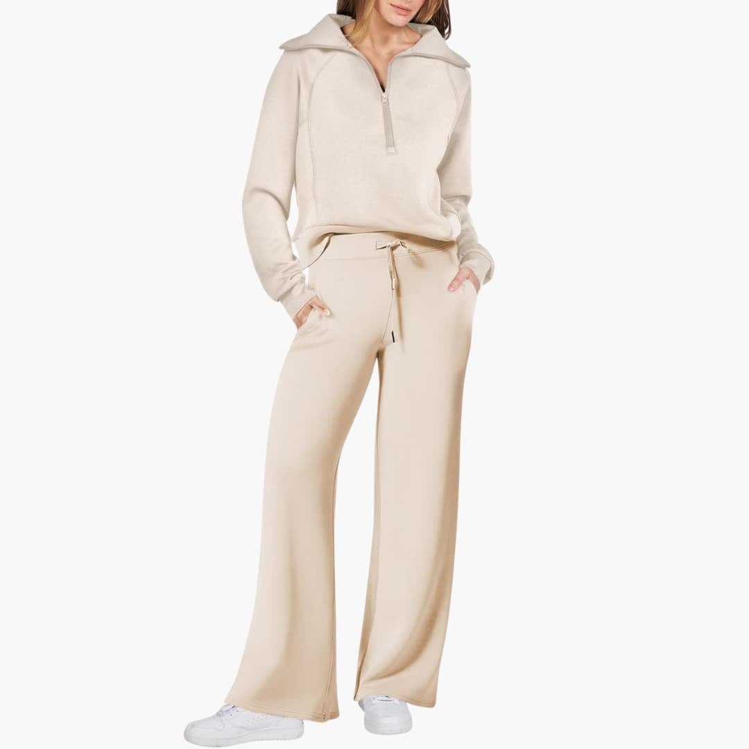 Women's half zip wide leg lounge set in gray showing wide leg pant silhouette