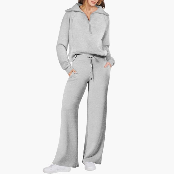 Women's half zip wide leg lounge set in gray close-up of zip closure