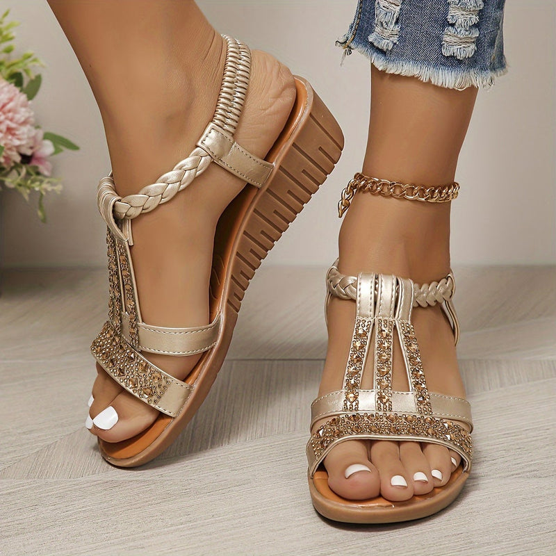 Side view of Darby rhinestone woven sandals in red showing cushioned footbed and flexible sole