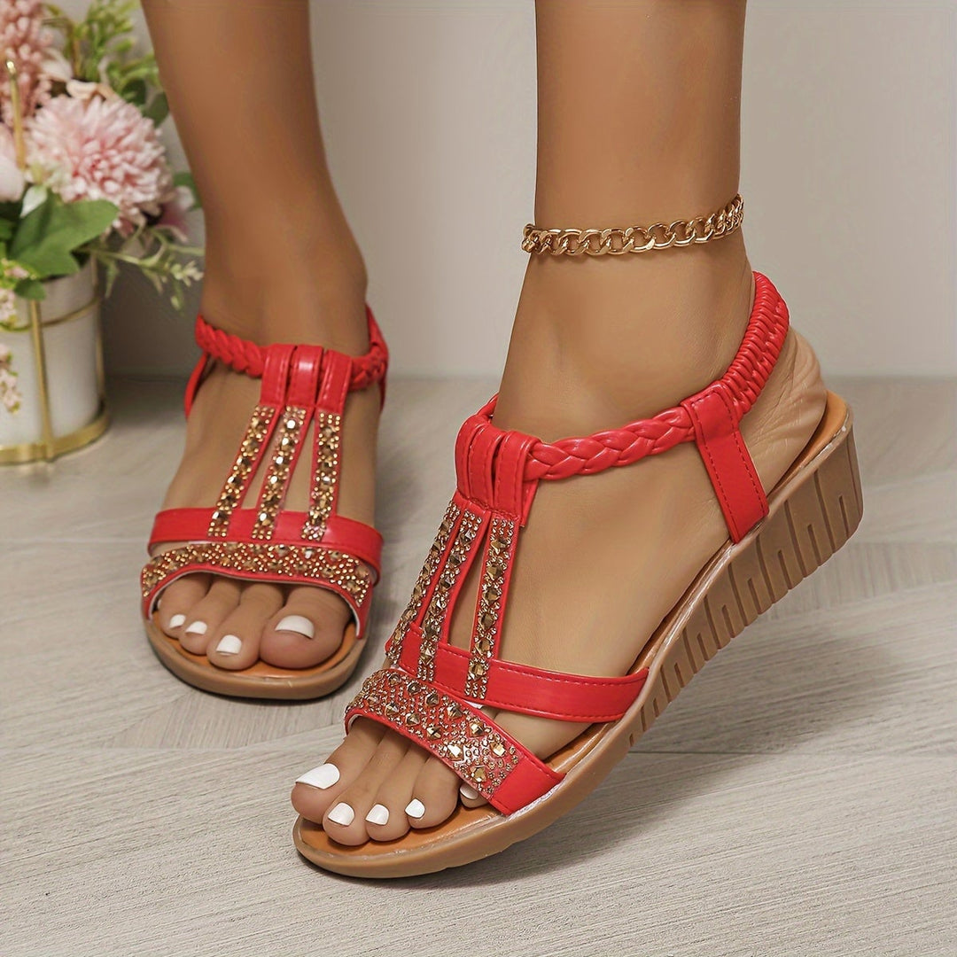 Side profile of Darby woven sandals in green showing supportive sole and braided strap design