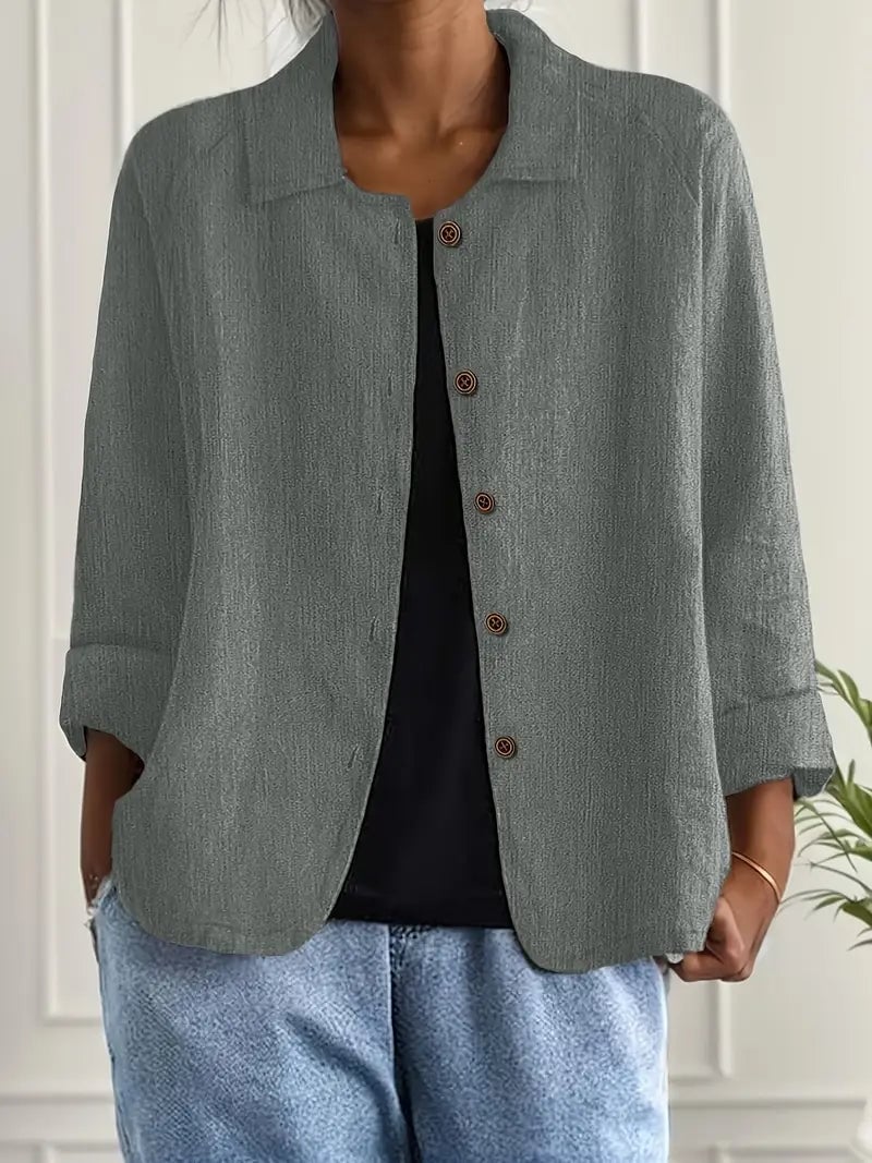 Close-up of the classic light top in gray highlighting its lightweight fabric and clean finish