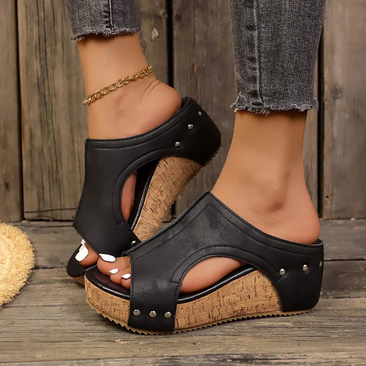 Diana wedge sandals in beige displayed on neutral background