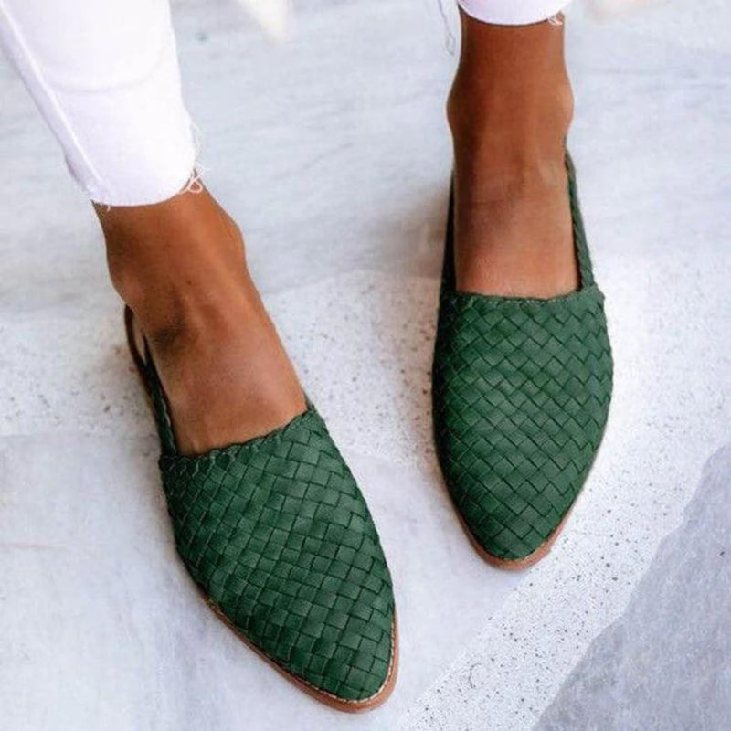 Close-up of the interlaced woven vegan leather texture on BobaFashion ballet flats in light brown