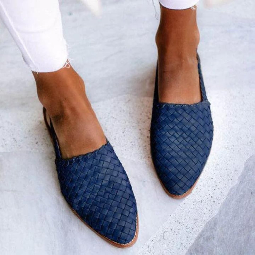 BobaFashion woven ballet flats in blue displayed from a side profile highlighting the flexible lightweight sole