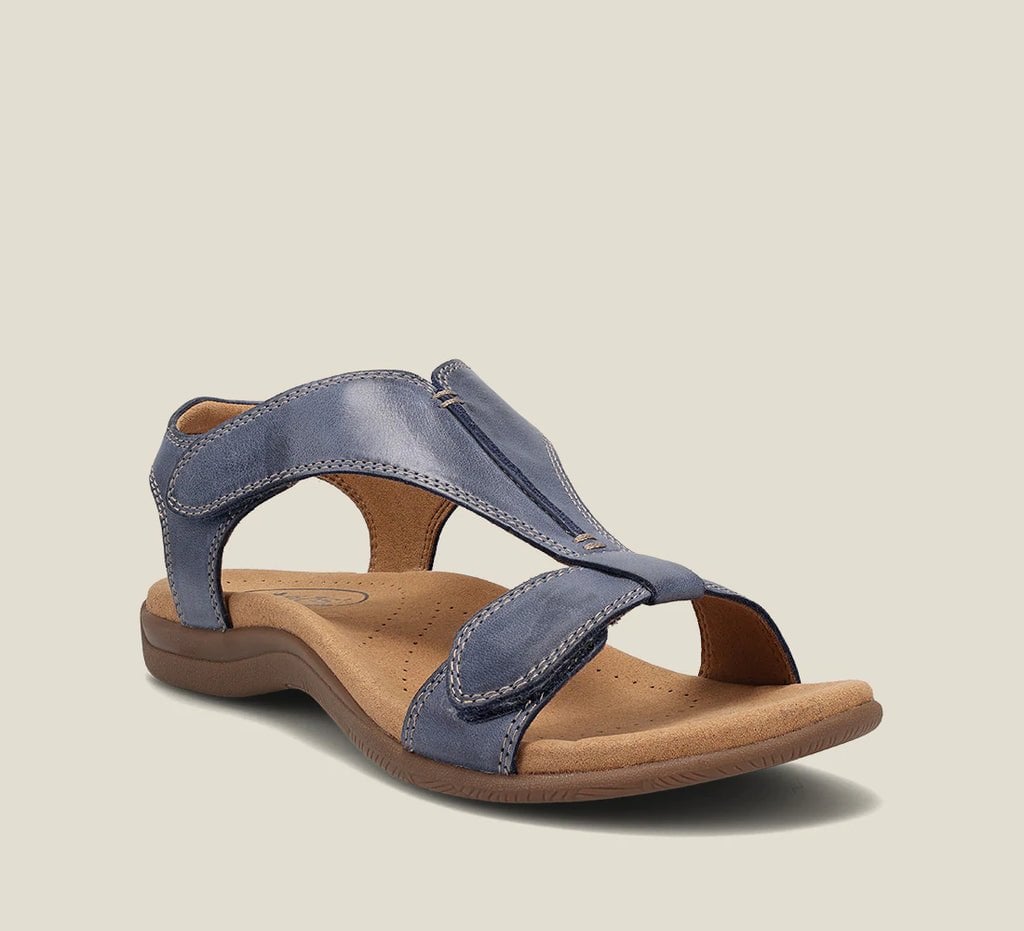 Side view of Dove orthopedic sandals showing arch support footbed and elegant strap design