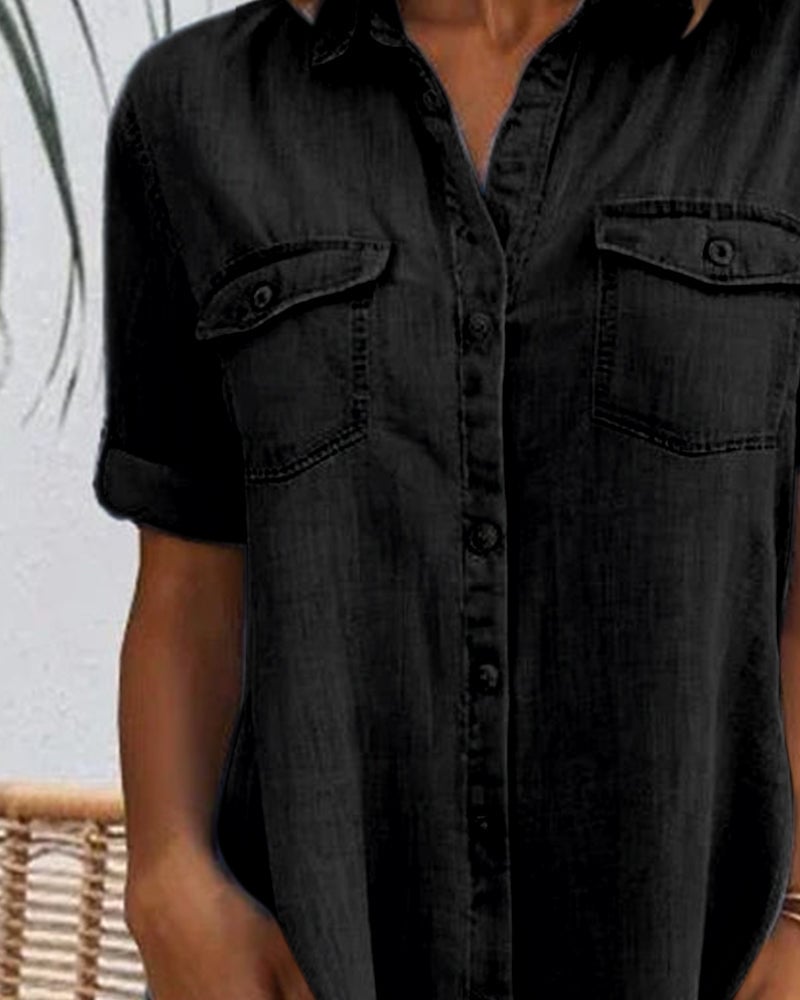 Full-length view of the lightweight denim-look dress in light blue