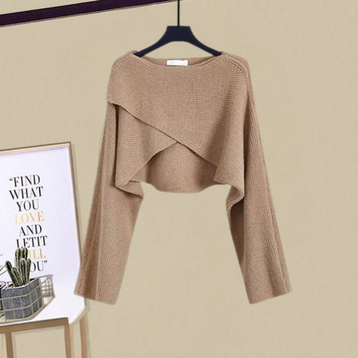 Model wearing the brown knit A-line dress paired with the matching cropped sweater from BobaFashion