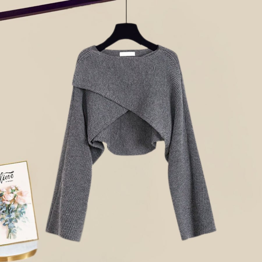 Front view of the BobaFashion 2-in-1 knit dress set in brown showing the full A-line silhouette