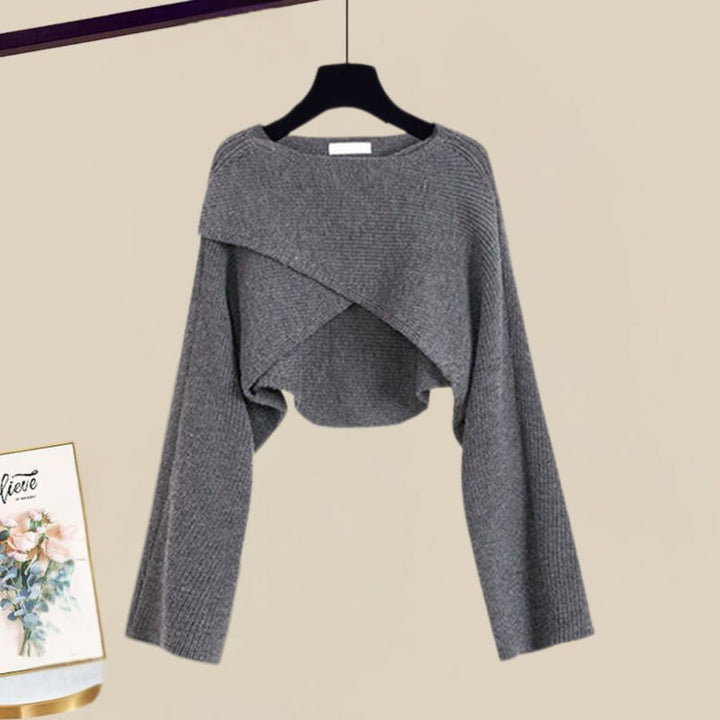 Front view of the BobaFashion 2-in-1 knit dress set in brown showing the full A-line silhouette
