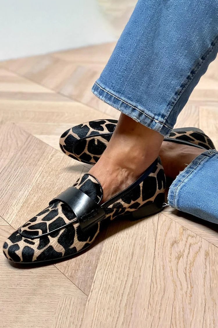 Front angle of BobaFashion Edith animal print loafers showing bold pattern detail and comfortable slip-on design