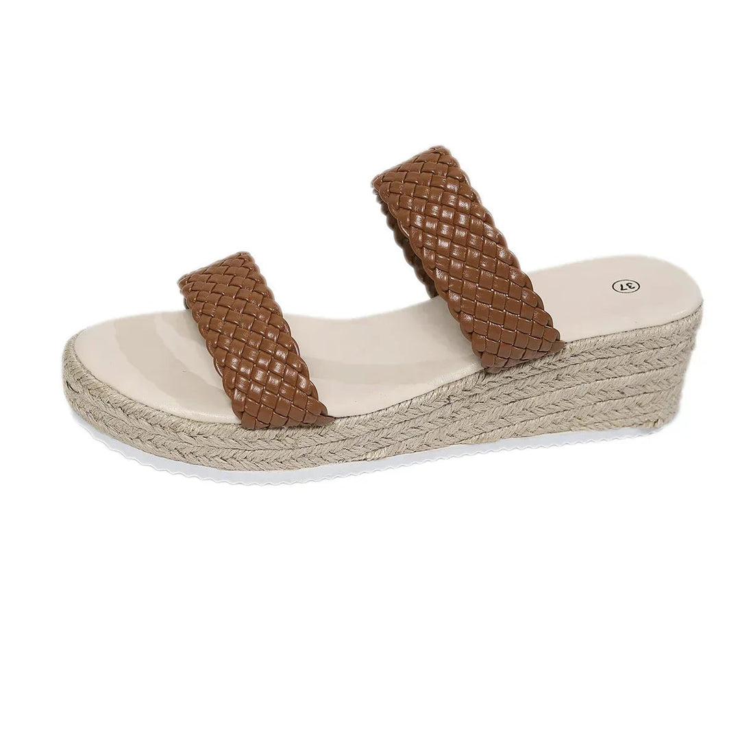 Elle woven platform flat sandals in all four colors — beige, black, brown, and white — flat lay