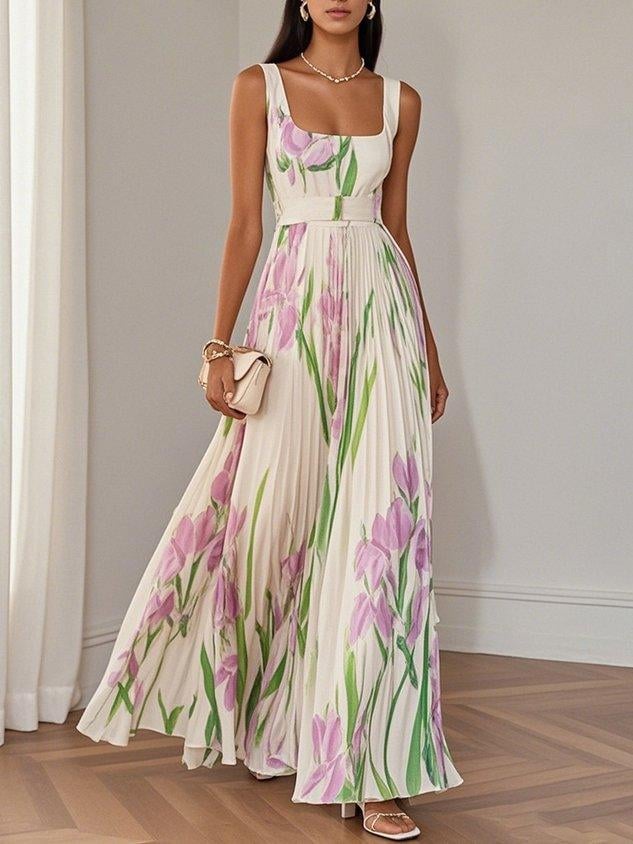 Blue pleated floral chiffon maxi dress, back view showing sleeveless design