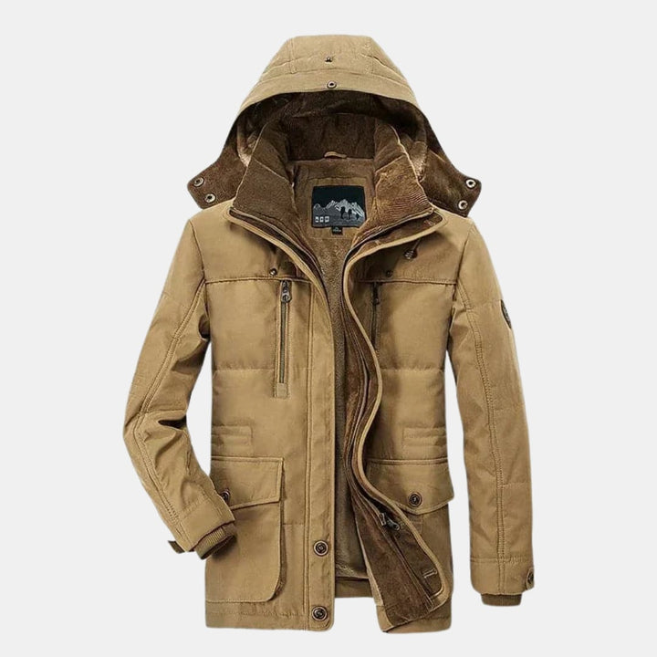 Back view of the Ellis lined winter jacket in green showing tailored cut and durable construction