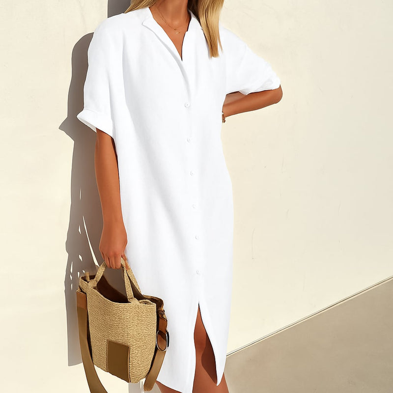 Front view of the Estelle button down midi shirt dress in a relaxed fit with a classic shirt collar and short sleeves