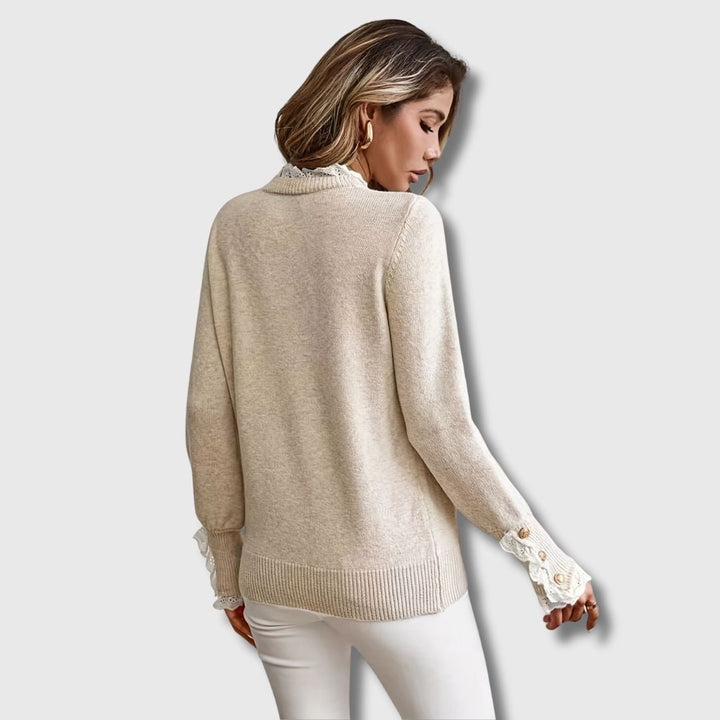 Close-up detail of delicate lace trim on an apricot long sleeve sweater from BobaFashion