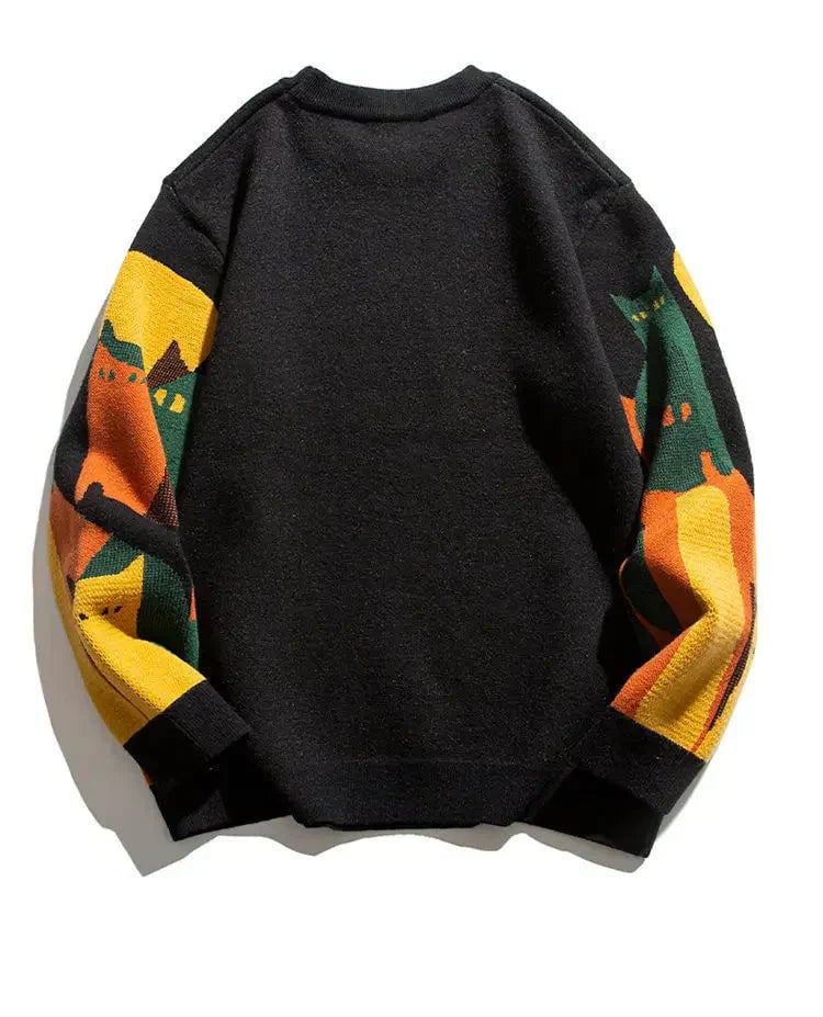 Close-up of the moonlit cat artwork on the front of the BobaFashion graphic sweater in beige