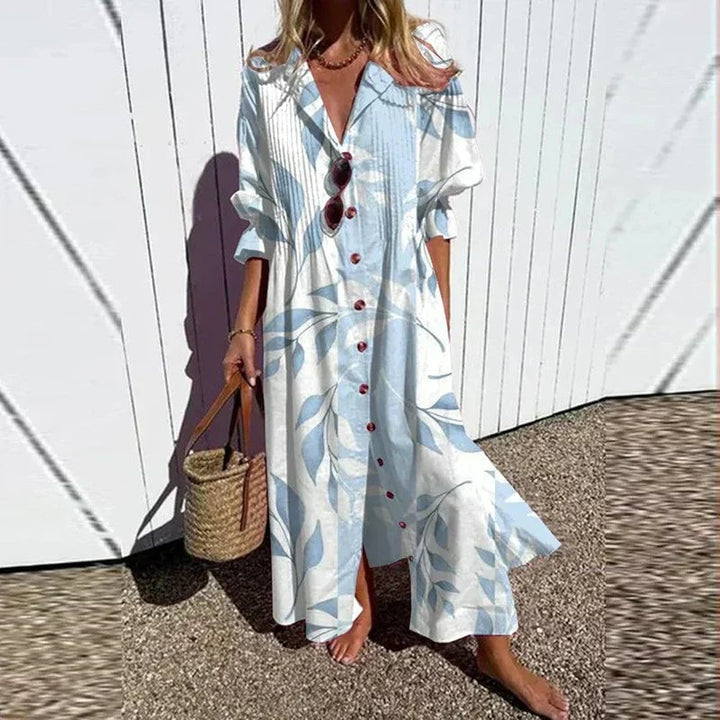 BobaFashion Fleuria dress in light blue displayed to show fabric movement and airy drape