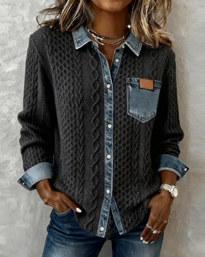 Woman wearing the Flora long-sleeve shirt in a relaxed, flattering fit showing the streamlined silhouette