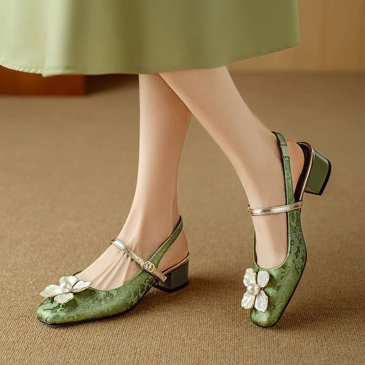 Florine floral slingback pump in green with pearl flower embellishment and square toe block heel, front view