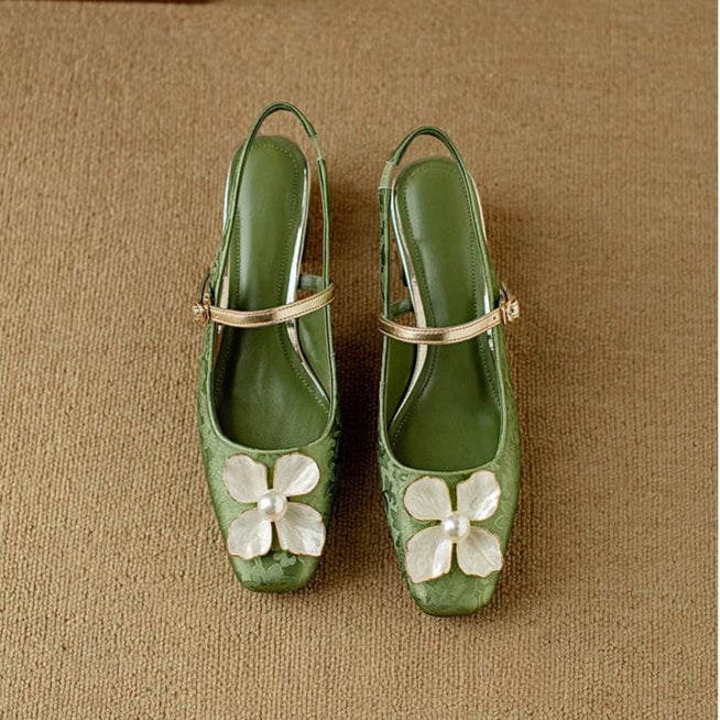 Florine floral slingback pump in green, top-down view showing square toe silhouette