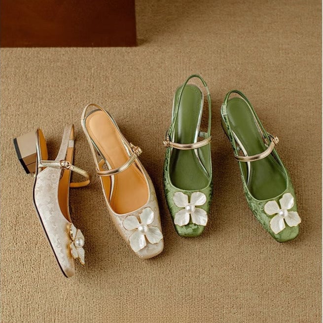Florine floral slingback pump in beige, side profile showing mid-height block heel and adjustable strap