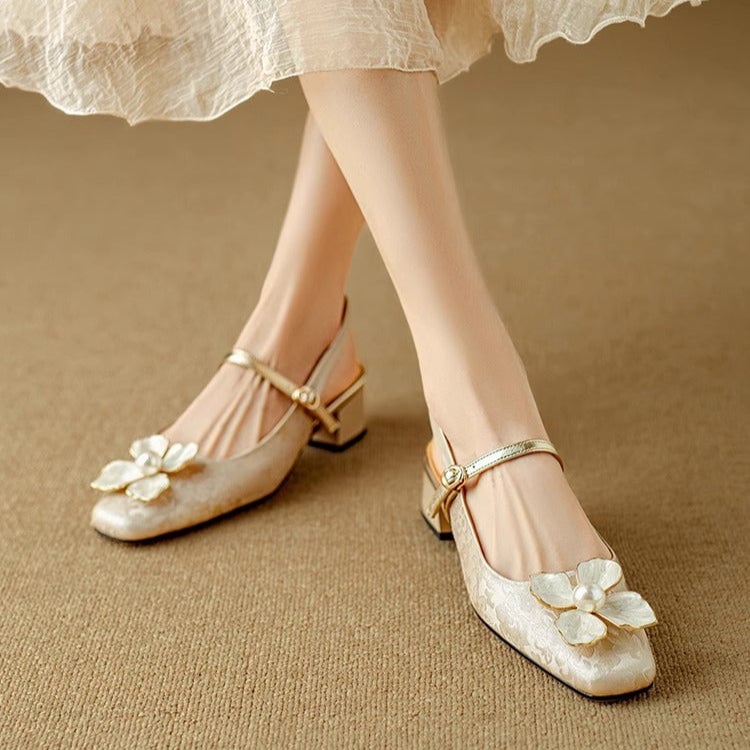 Florine floral slingback pump in beige, top-down view showing square toe silhouette