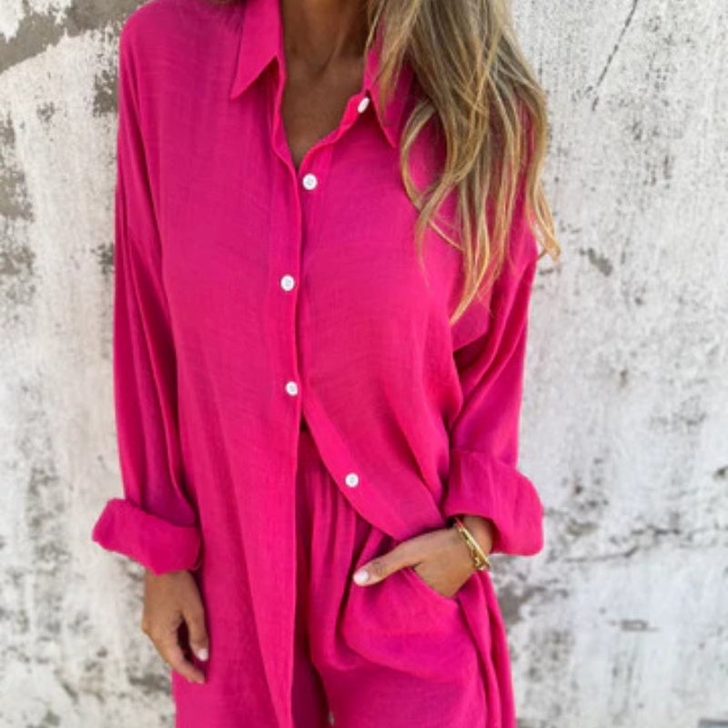 Woman wearing the Funa set in khaki, showing relaxed wide-leg fit