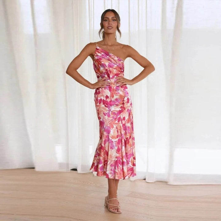 Full-length view of the Genevieve floral asymmetric midi dress in multiple color options