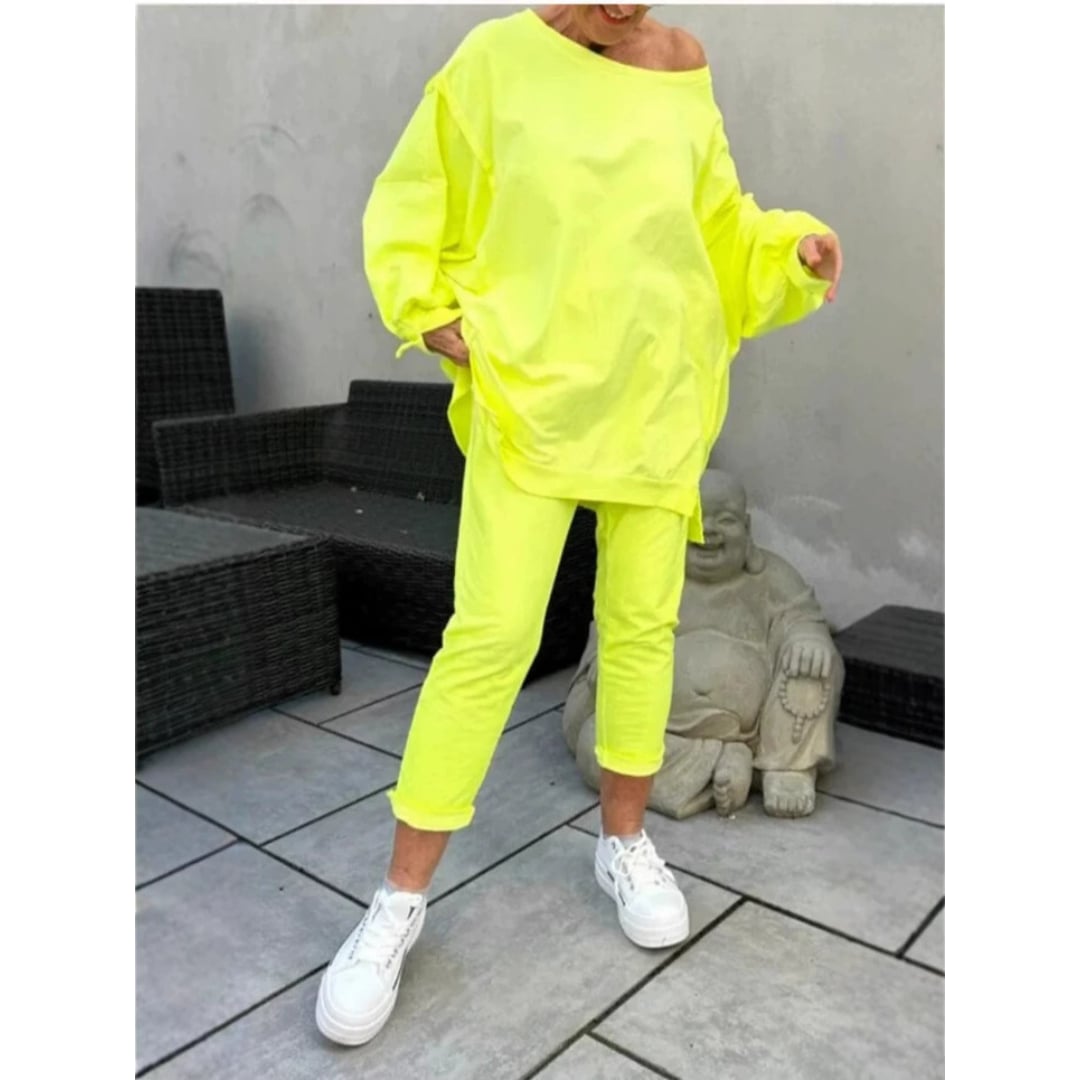 Full-length view of the Gilda coordinated lounge set in yellow with matching top and pants