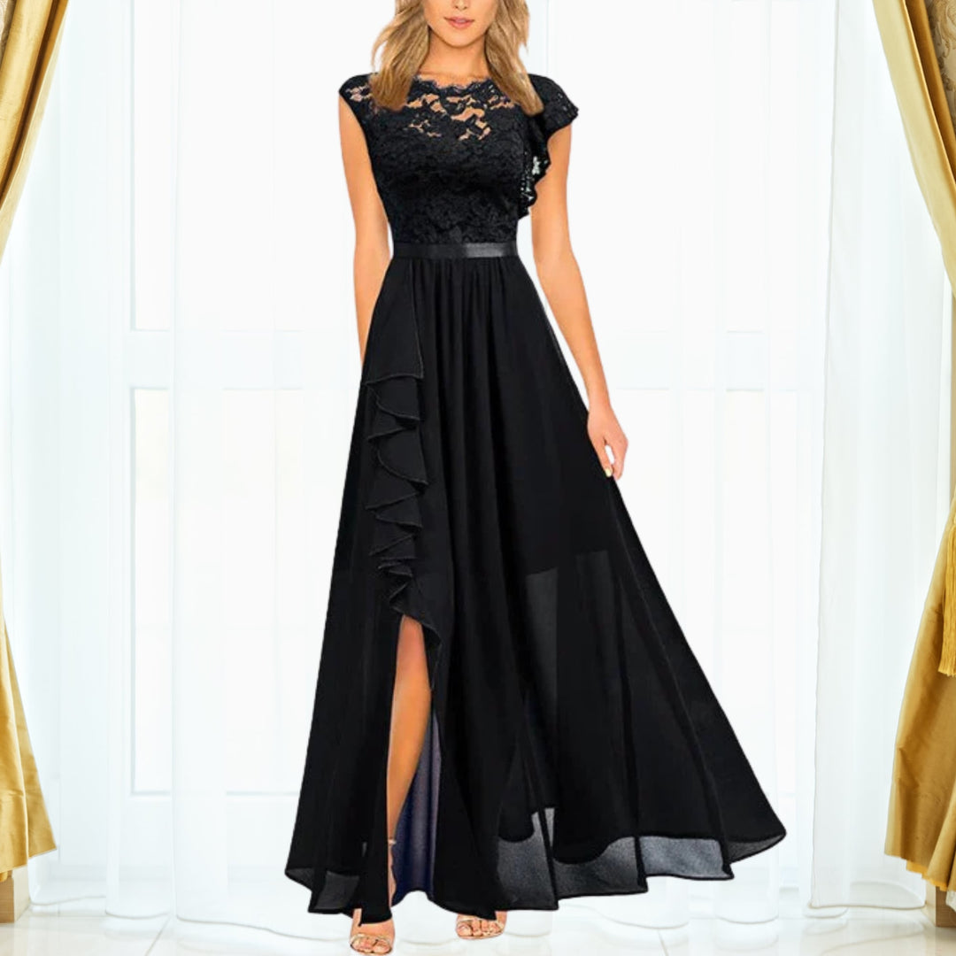 Close-up of the rhinestone waistband and floral lace bodice on the Grace chiffon maxi dress