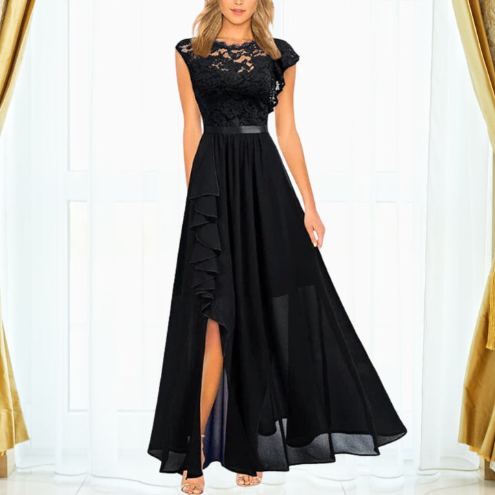 Close-up of the rhinestone waistband and floral lace bodice on the Grace chiffon maxi dress