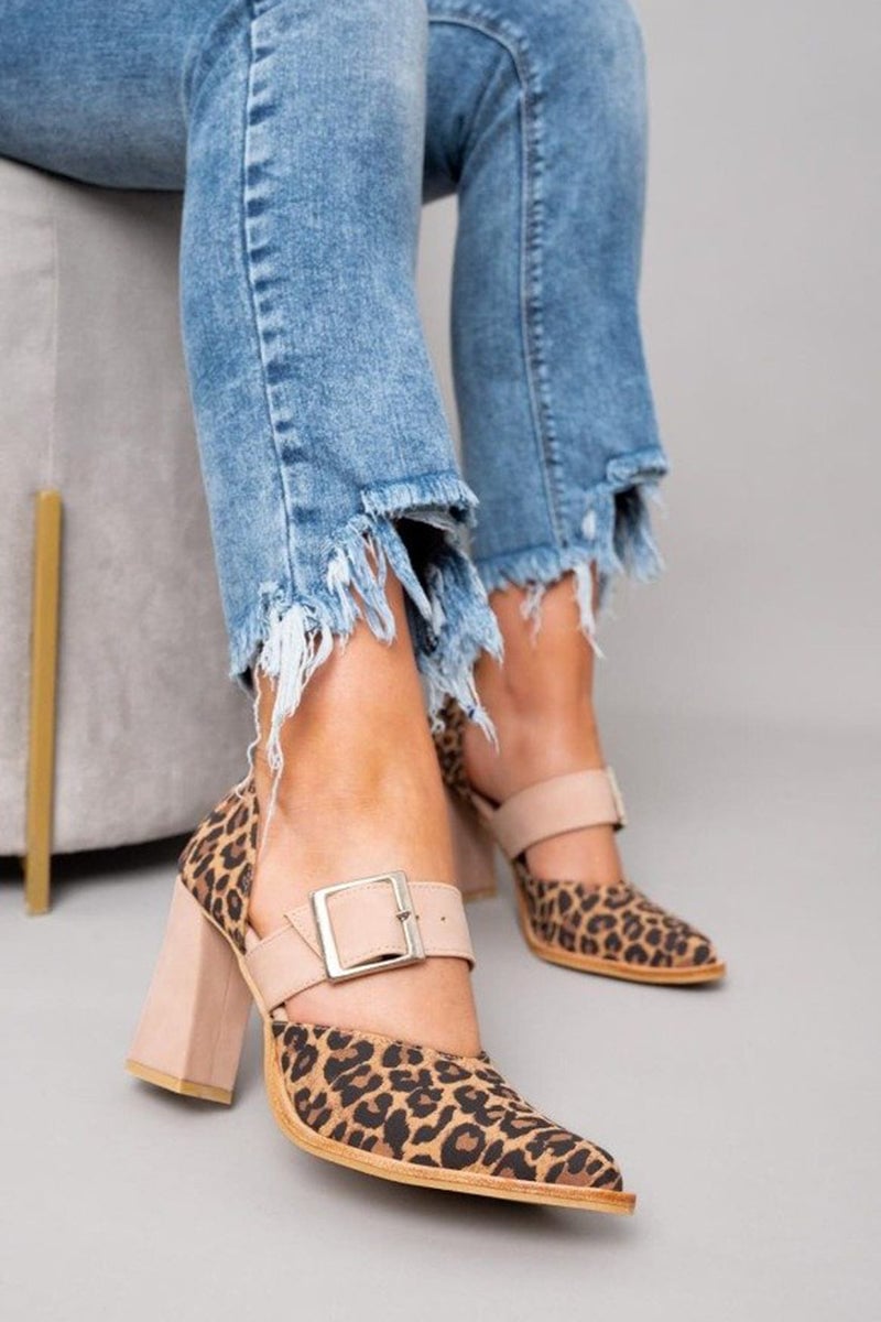 Khaki leopard-print suede adjustable sandal with sturdy heel, front three-quarter view