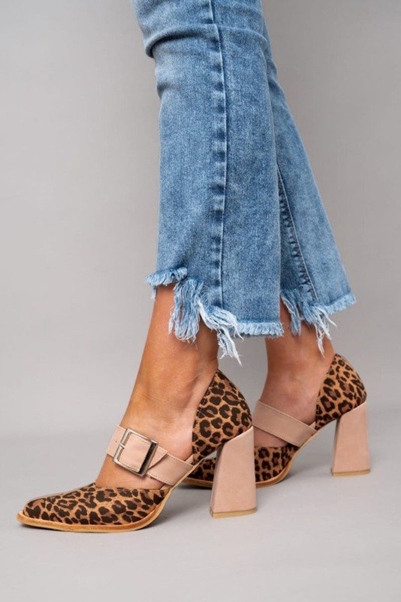 Grove women's adjustable sandal in khaki leopard suede, side profile showing heel height and strap detail