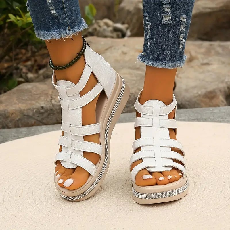 Hannah rhinestone comfort sandals in all three colors — black, beige, and white — flat lay