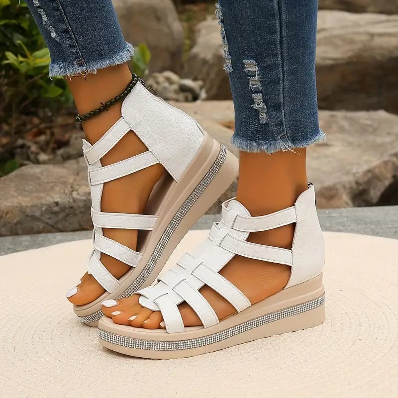 Hannah white comfort sandal worn with a flowy white sundress, lifestyle shot