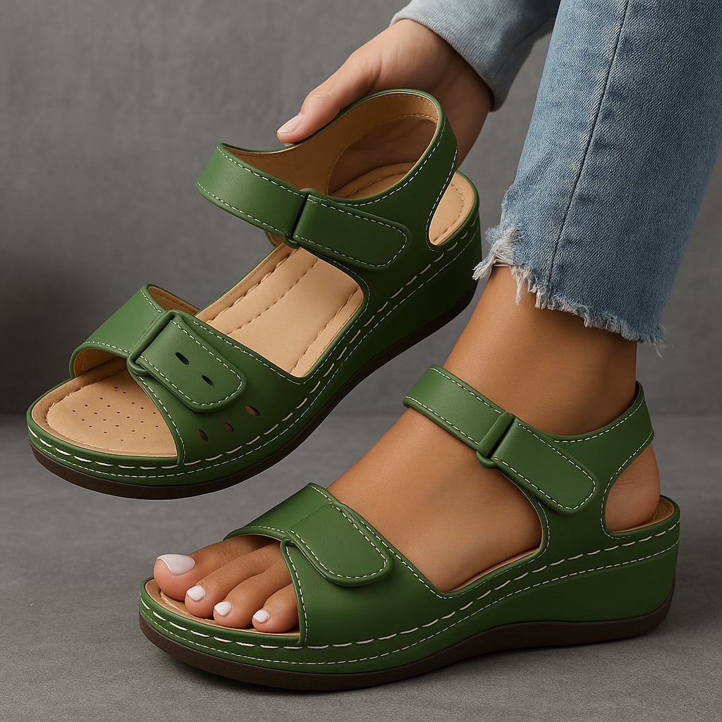 Harlow women's orthopedic cushioned sandal in green, side profile view