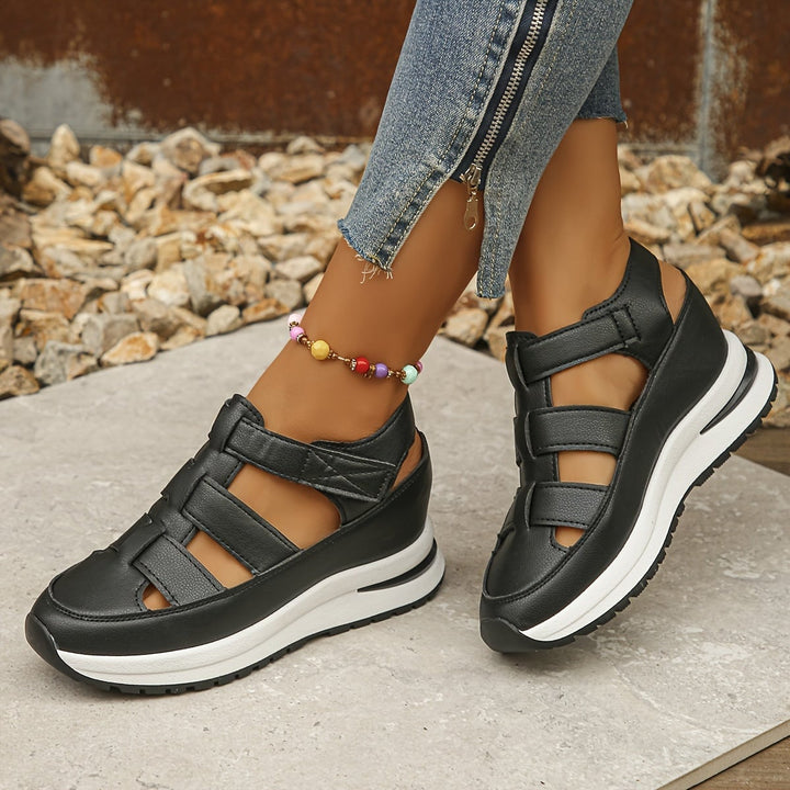 Harlow women's white platform sandals, top-down view showing adjustable Velcro straps