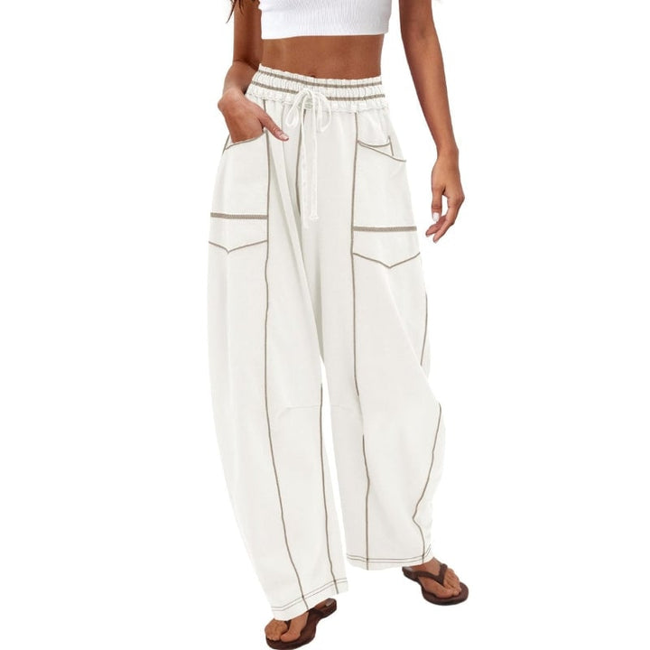 Close-up of elastic drawstring waistband detail on Harlow high waist cargo pants