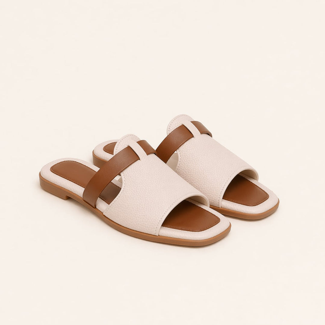 Top-down view of BobaFashion Harmony white slip-on sandals showing the clean, minimal design