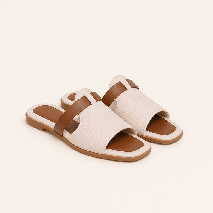 Top-down view of BobaFashion Harmony white slip-on sandals showing the clean, minimal design