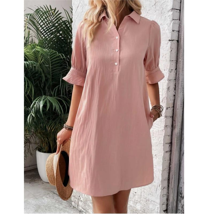 Harper shirt dress in navy styled with heels for a smart-casual look