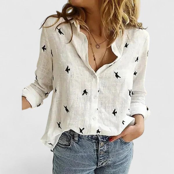 Harper linen shirt in yellow styled casually for a weekend brunch look