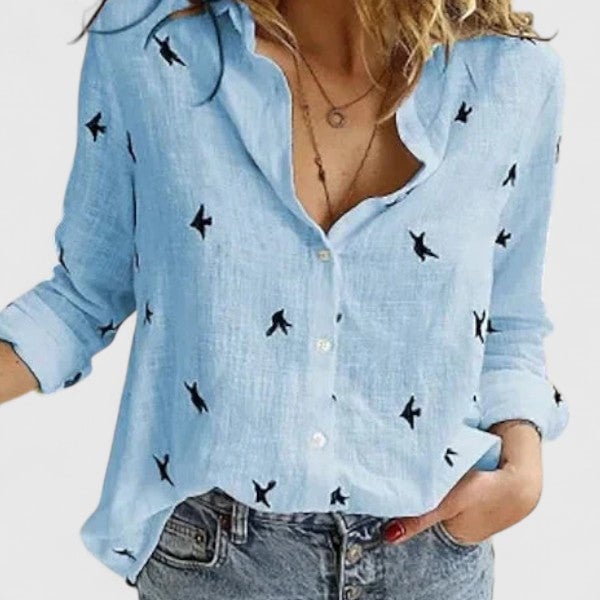 Harper linen button-down shirt in green with collar open for a relaxed vibe