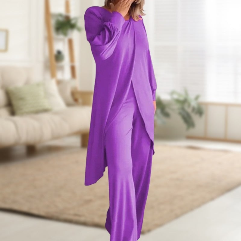 Haven two-piece set in black, full-length front view showing the coordinated tunic and wide-leg pants