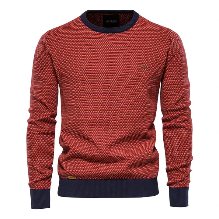 Man wearing a classic checkered sweater with ribbed cuffs and collar in a relaxed tailored fit
